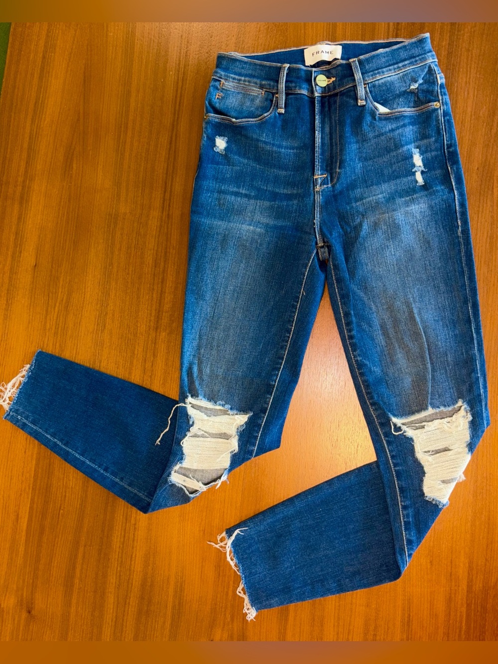 Frame Denim Skinny Ripped Jeans in Dark Blue
